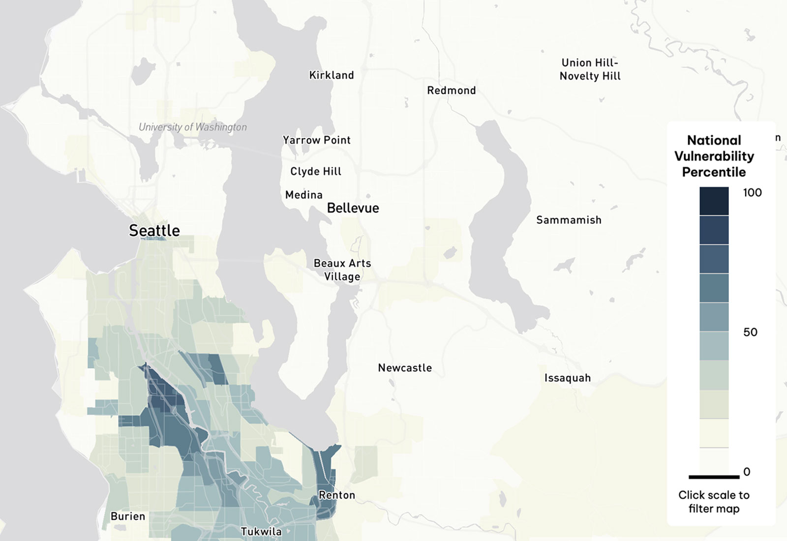 A map of Seattle's vulnerability to dangers such as fire, flooding, and pollution