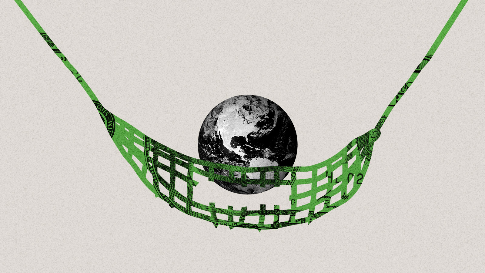 Collage of earth falling into a broken net made of a dollar bill