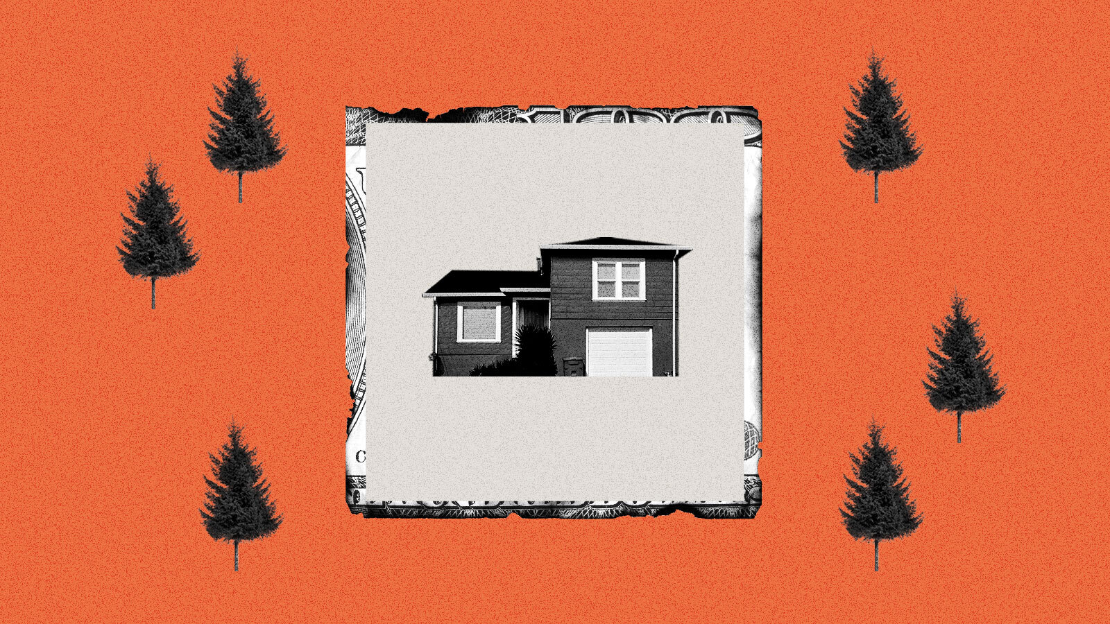 Collage of a house protected by a square border cut from a hundred dollar bill. Outside the border are trees on a fiery red background. The edges of the border are singed.