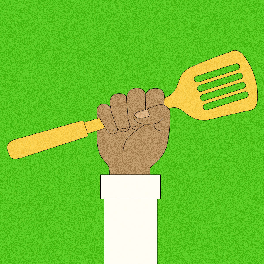 Illustration of raised fist holding spatula