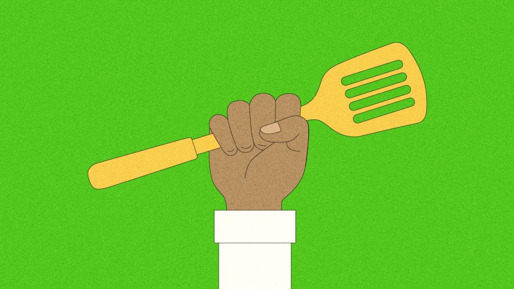 Illustration of raised fist holding spatula