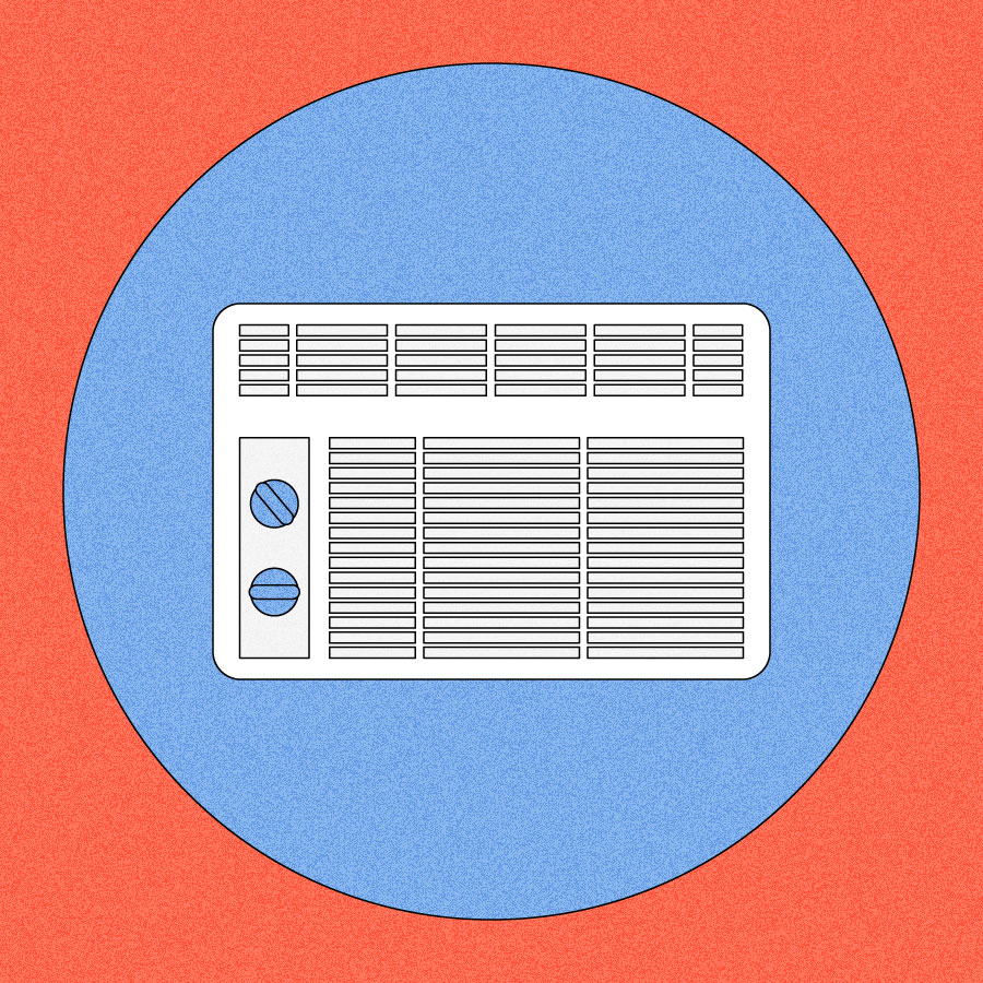 Illustration of air conditioning unit within blue circle on red background