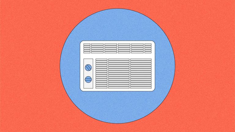 Illustration of air conditioning unit within blue circle on red background