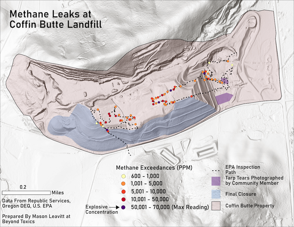 Map showing methane at Coffin Butte landfill