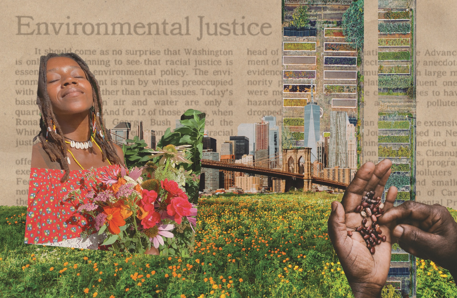 A collage of images featuring a young Black woman holding a selection of purple and pink flowers, two hands holding a handful of brown beans, images of the New York City skyline and urban garden plots, and a news article about environmental justice