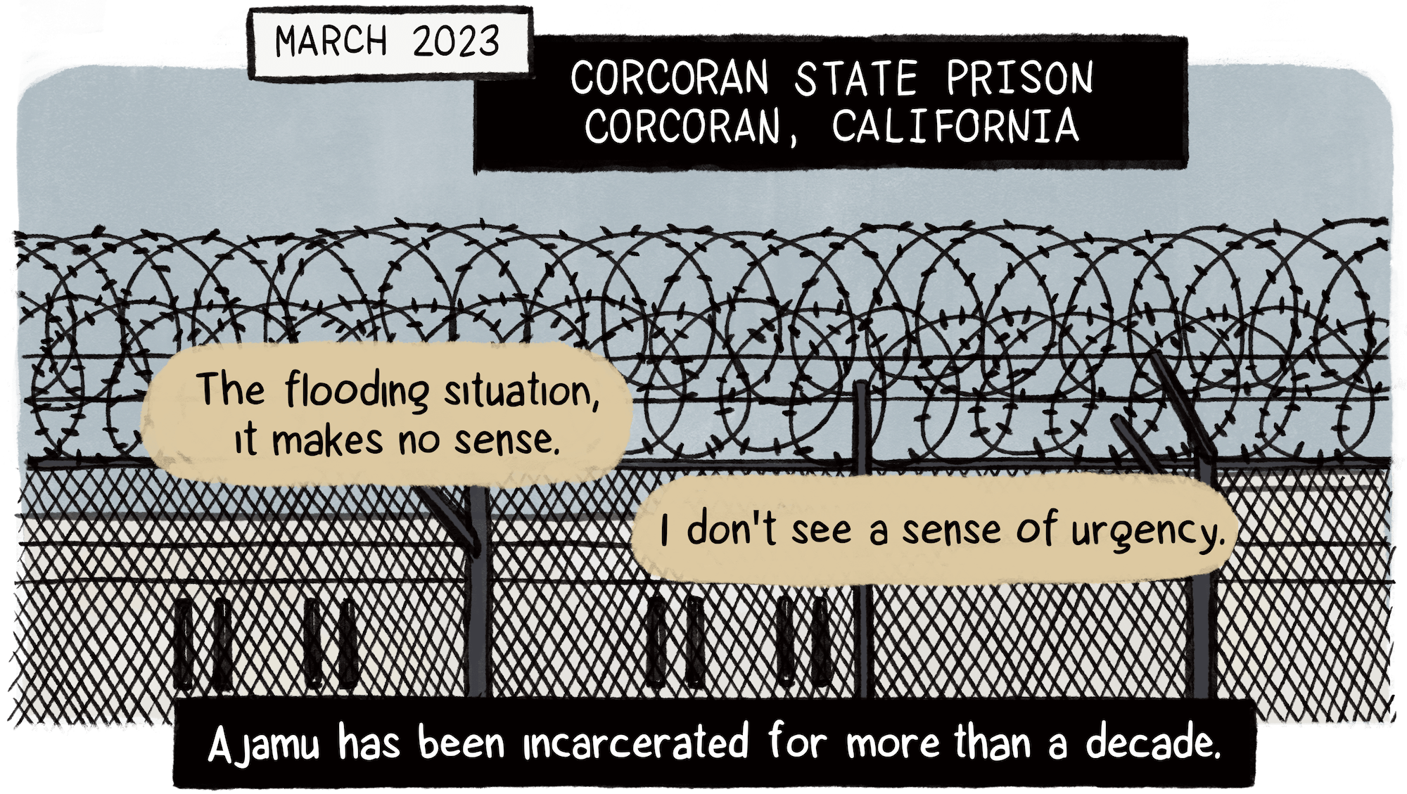 Alt text: A fence with razor wire stands outside Corcoran State Prison in California in March 2023, and an unseen incarcerated man named Ajamu, who has been behind bars for over a decade, says: “The flooding situation, it makes no sense. I don't see a sense of urgency.”