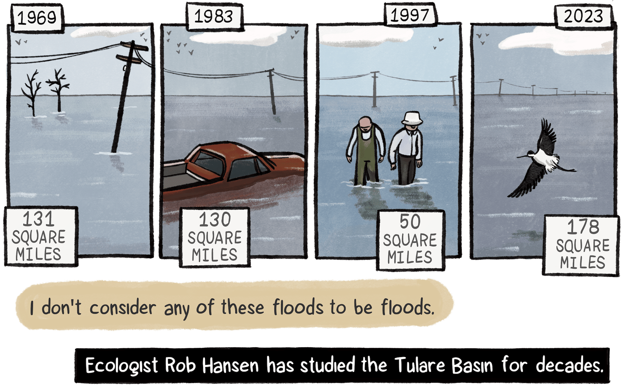 A series of flooding scenes, depicting floods and the square miles they covered, including 131 square miles in 1969, 130 in 1983, 50 in 1997 and 178 in 2023. An unseen ecologist named Rob Hansen says, “I don’t consider any of these floods to be floods.”