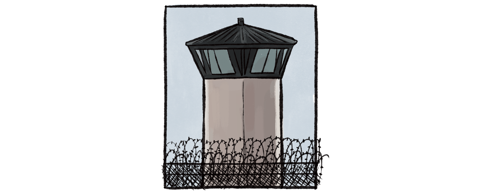 A watch tower rises above the top of a fence with razor wire.