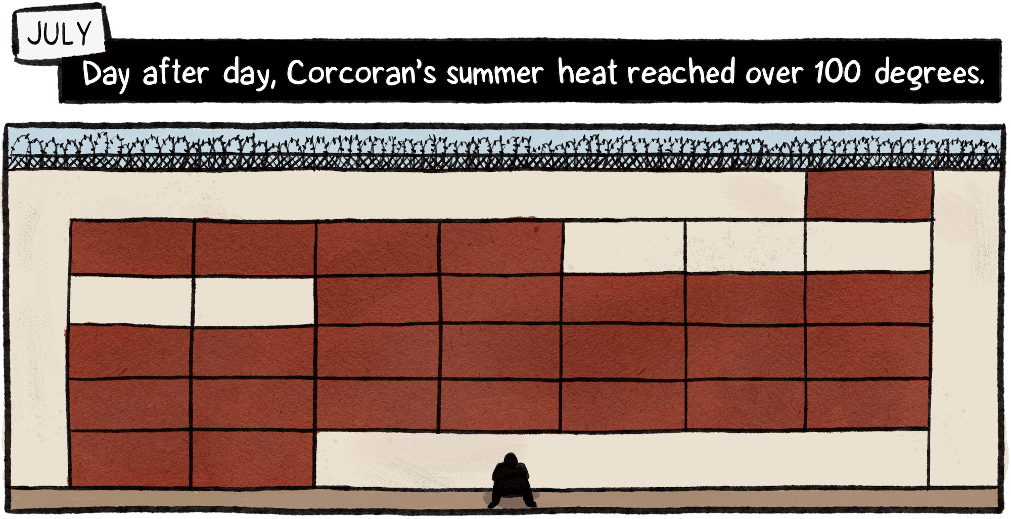 Concern turned from one climate threat to another. In July, summer heat plateaued over 100 degrees for weeks. A silhouetted figure sits in front of a wall with barbed wire. On the wall, a calendar shows only five days which were lower than 100 degrees.