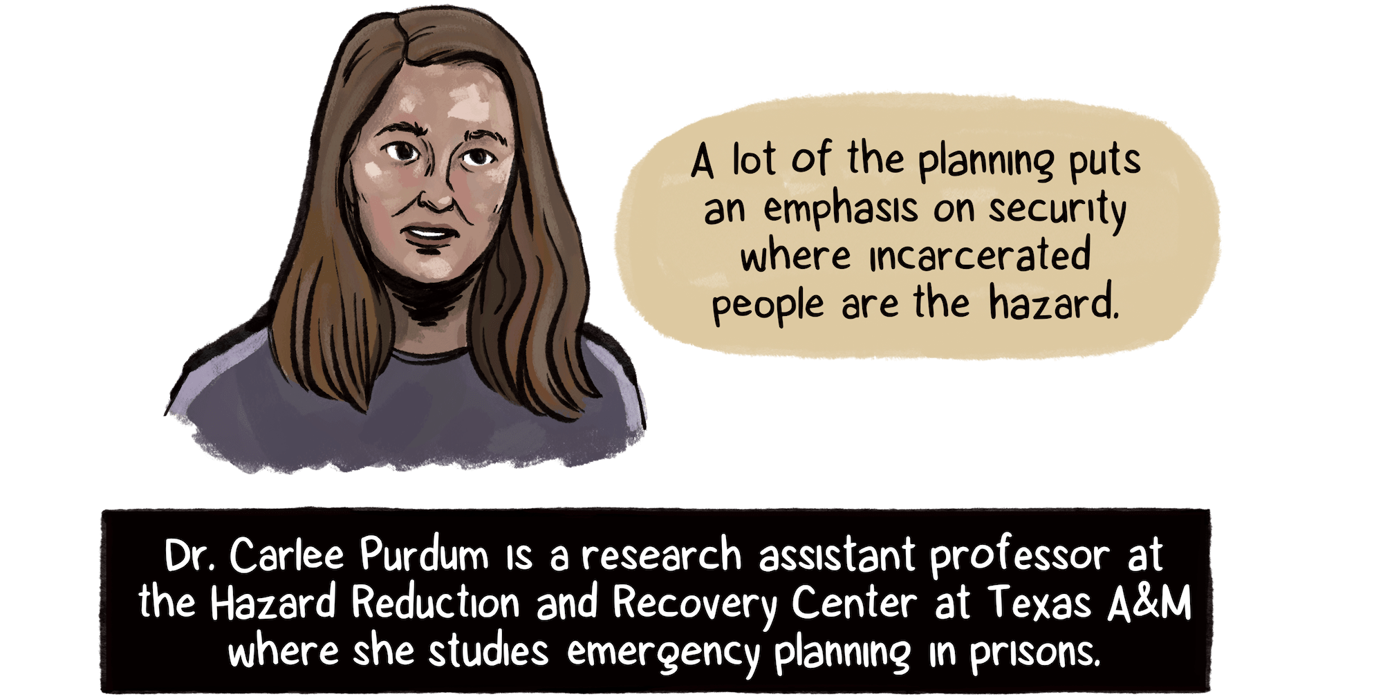 “A lot of the planning puts an emphasis on security where incarcerated people are the hazard,” says Dr. Carlee Purdum, a woman with long brown hair and medium-light skin tone. Purdum studies emergency planning in prisons at Texas A&M.