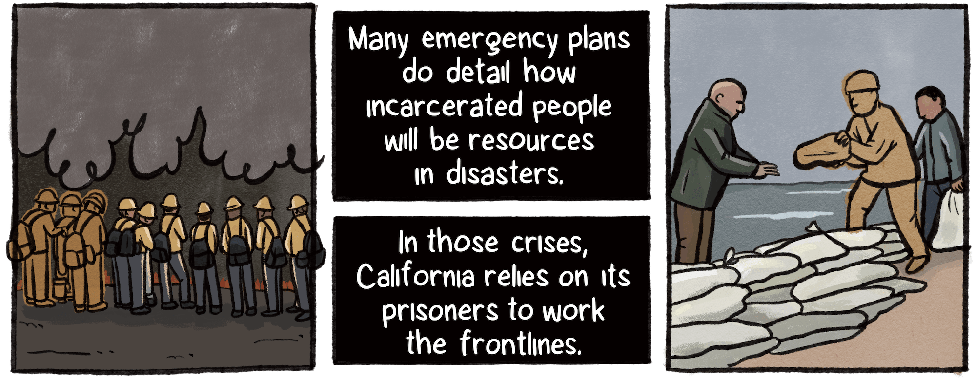 A group of people wearing helmets and backpacks gather next to a cloud of smoke. Next to the scene, people pile sandbags alongside rising waters. A few people in both scenes are highlighted in yellow. California relies on incarcerated people to work the frontlines. Many emergency plans also detail how incarcerated people will be resources in disasters.