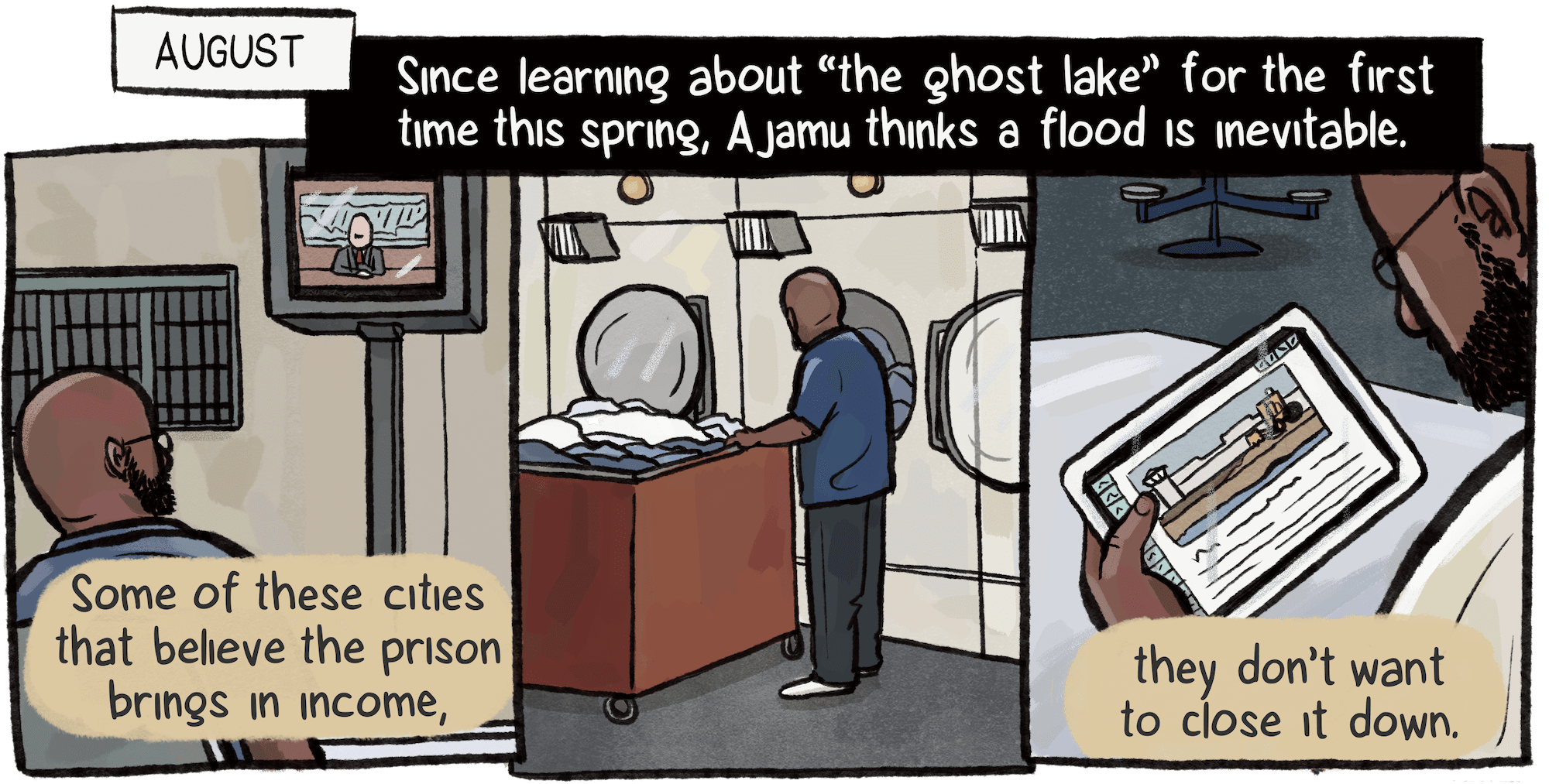 Scenes of Ajamu in a room with a wall-mounted TV, a laundry room and him reading news on a tablet. Ajamu thinks a flood is inevitable, but cities won’t close down the prisons because they bring income.