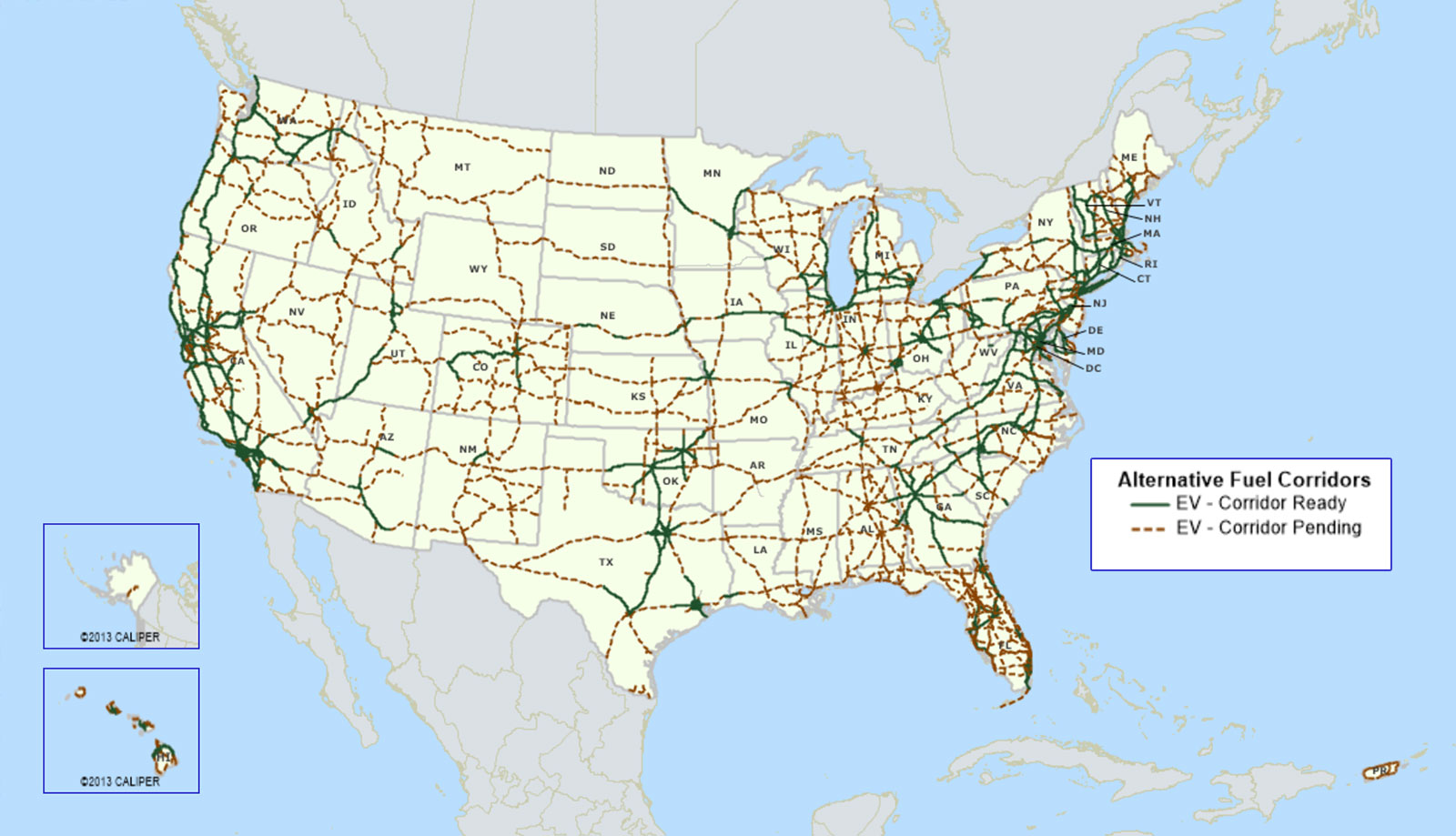 Map showing alternative / electric vehicle corridors in the United States and Puerto Rico