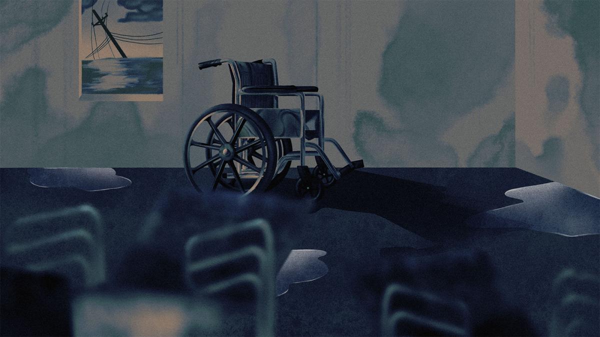 illustration depicting abandoned nursing home with water damage, a window showing fallen power lines, and a lone wheelchair