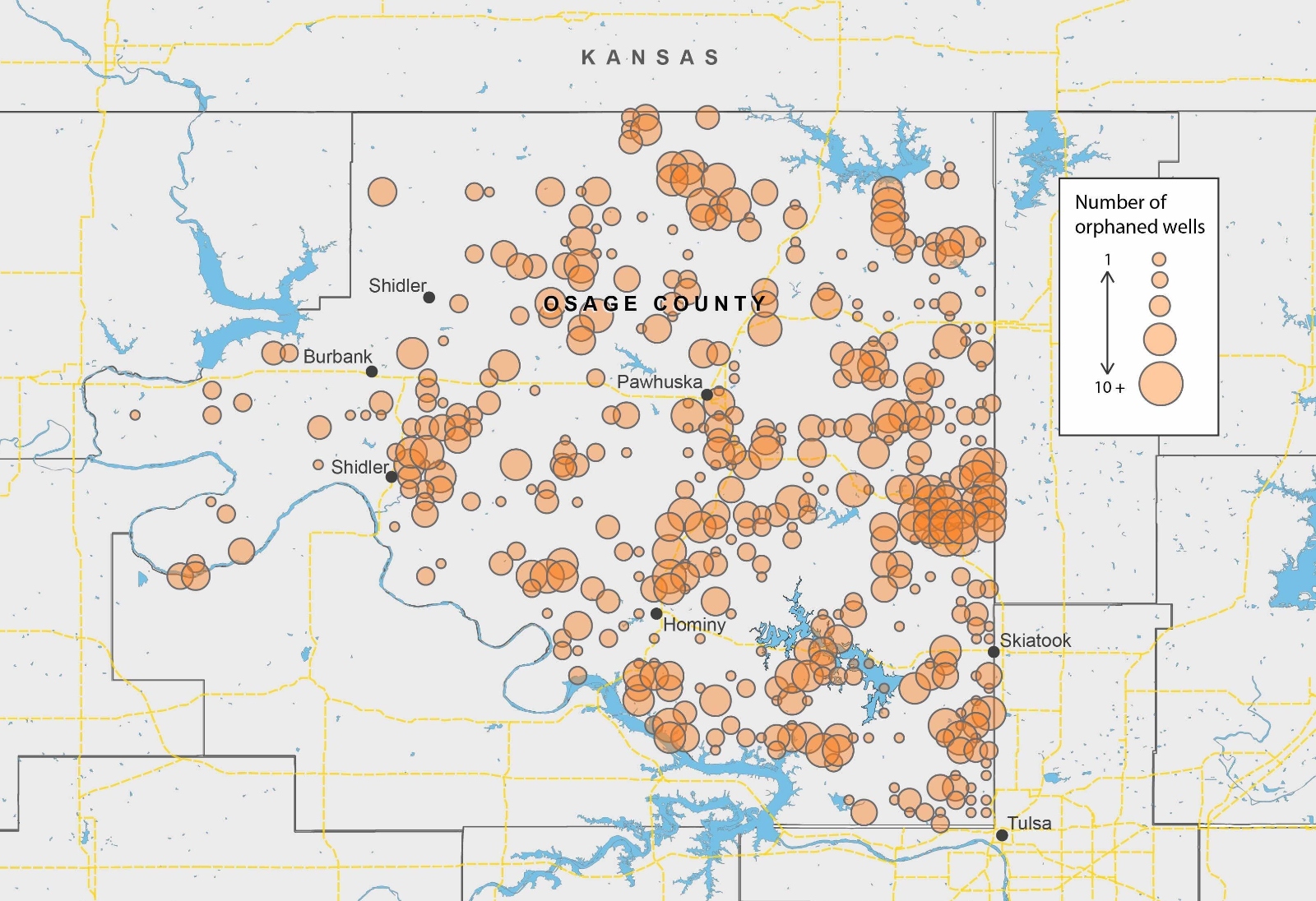 Map showing the number of orphaned wells in Osage County