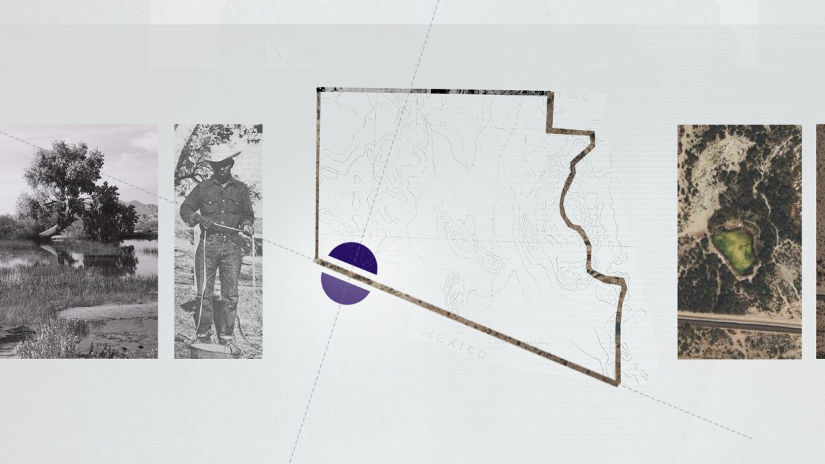 a collage of the state of Arizona outline plus historical images of Quitobaquito Springs and people