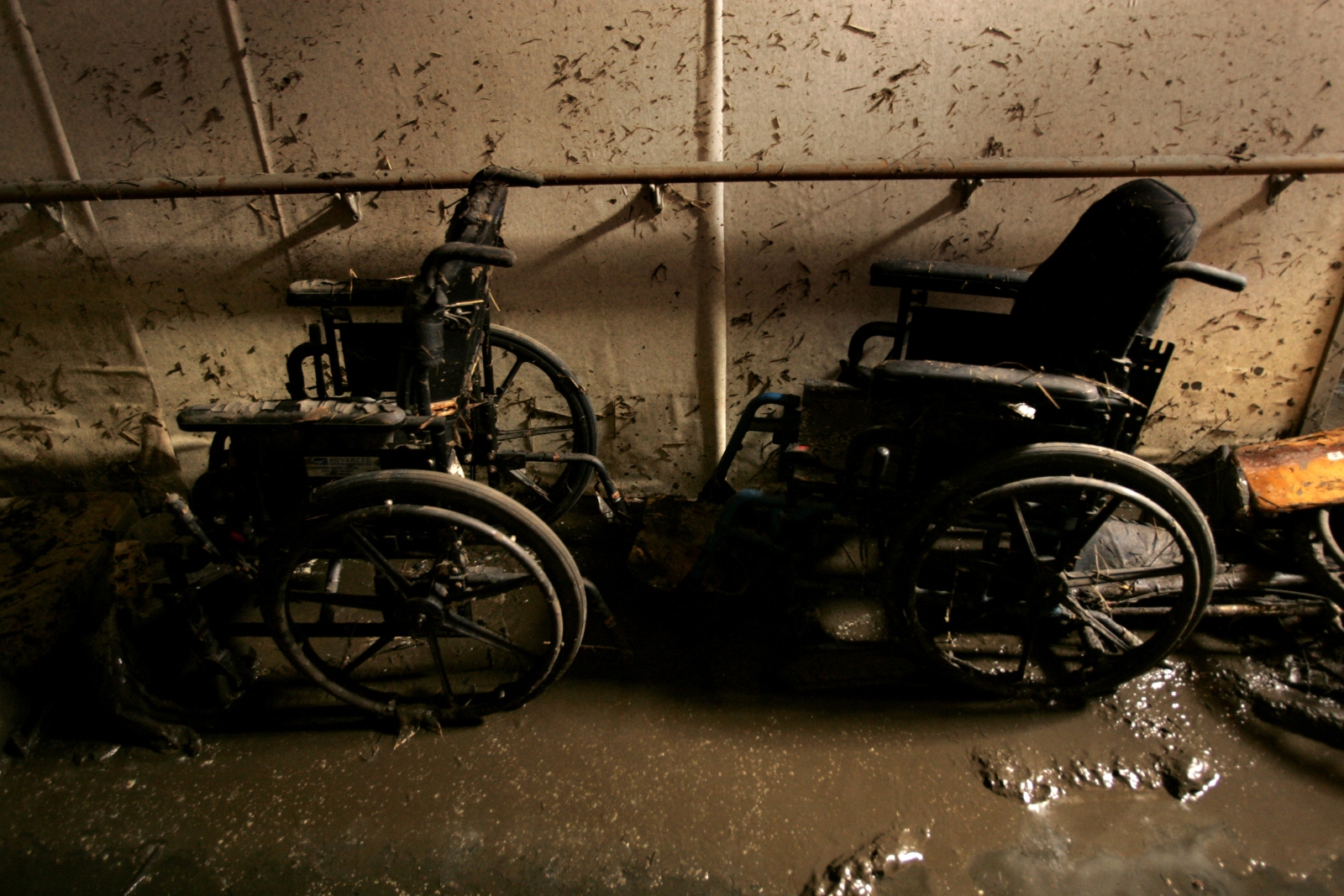 Wheelchairs line the hallways of St. Rita’s nursing home in the wake of Hurricane Katrina.