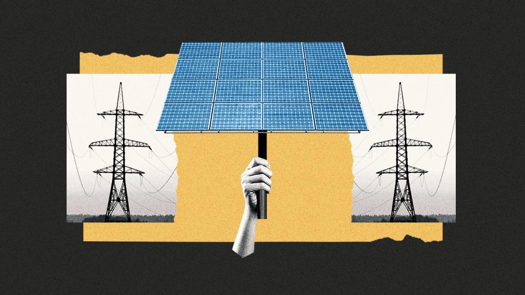 Collage of hand holding solar panel between torn photo of power lines