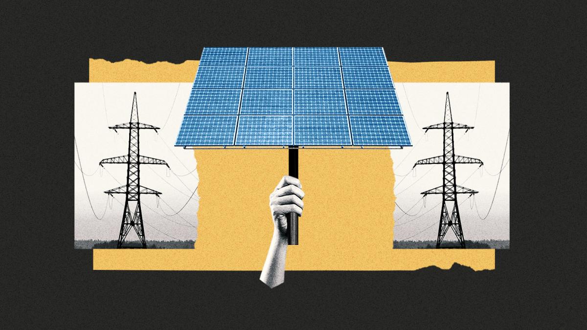 Collage of hand holding solar panel between torn photo of power lines