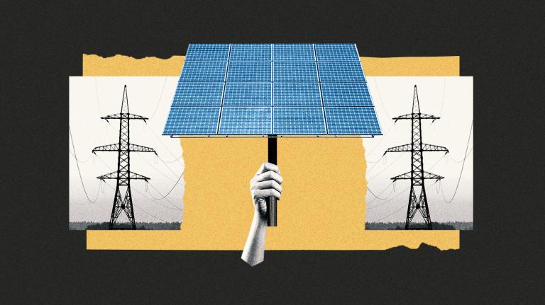 Collage of hand holding solar panel between torn photo of power lines