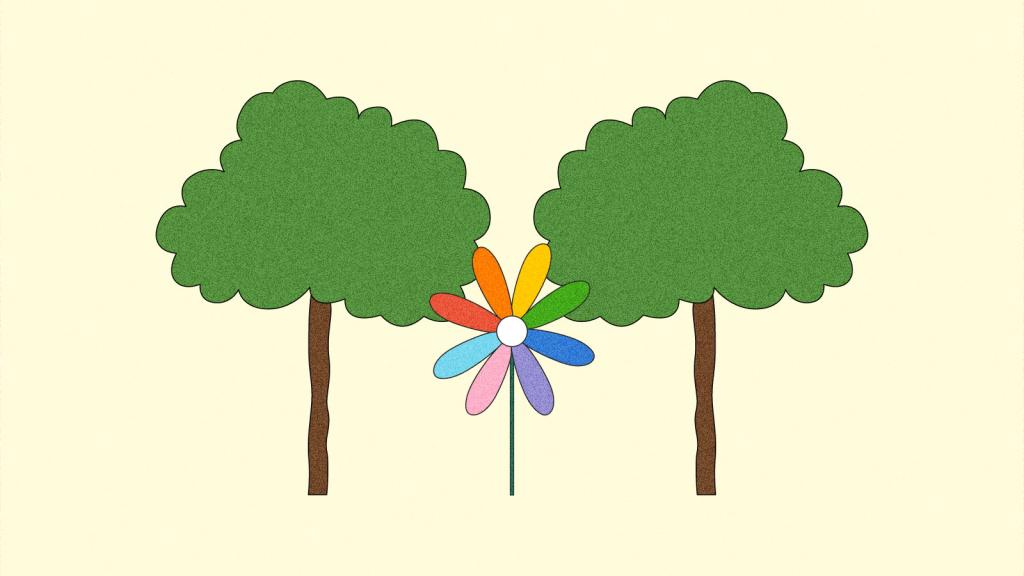 Illustration of rainbow flower between two trees
