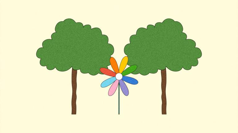 Illustration of rainbow flower between two trees