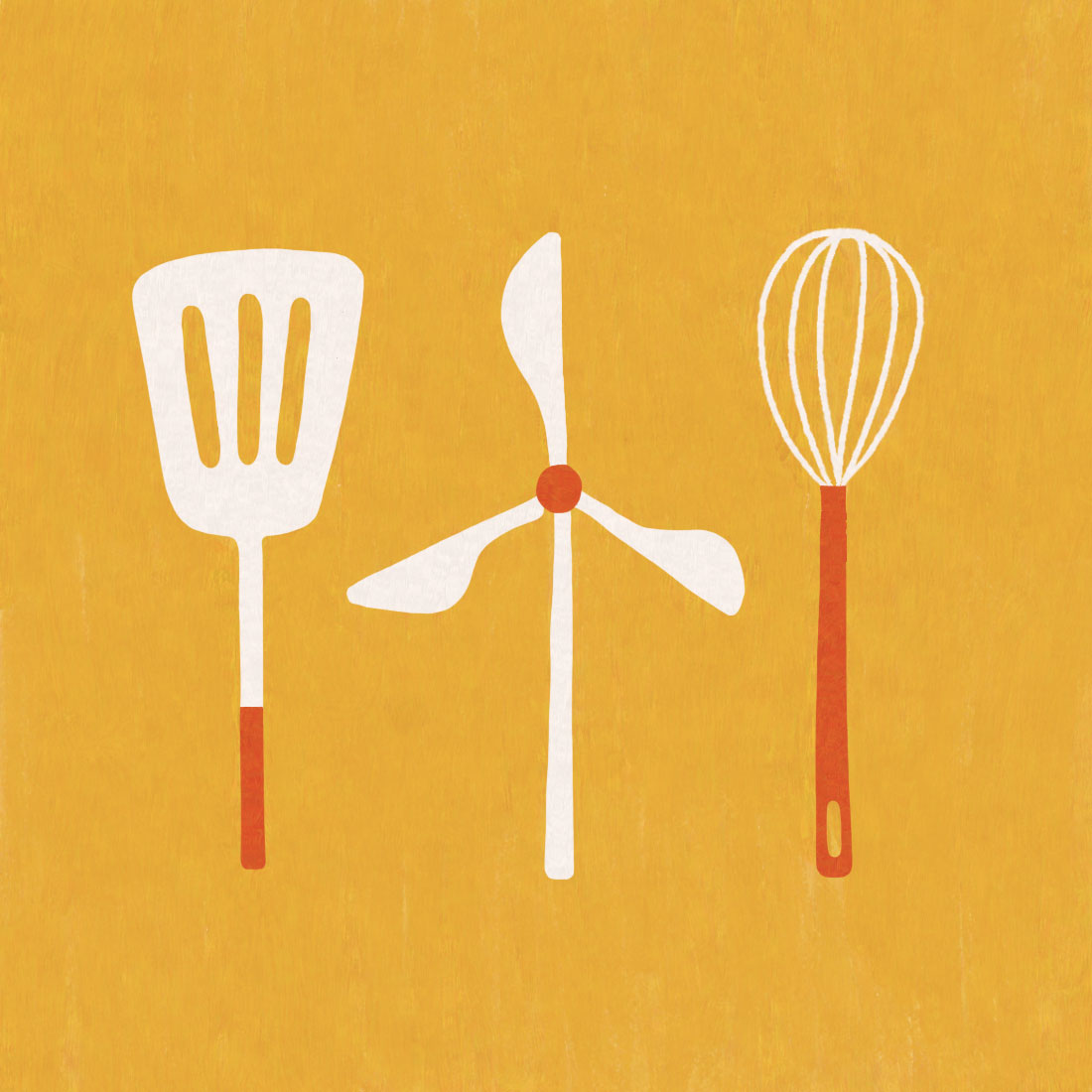 Illustration of a spatula, wind turbine and whisk