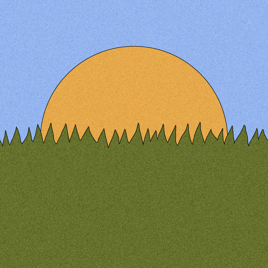 Illustration of a grassy lawn with sun in distance