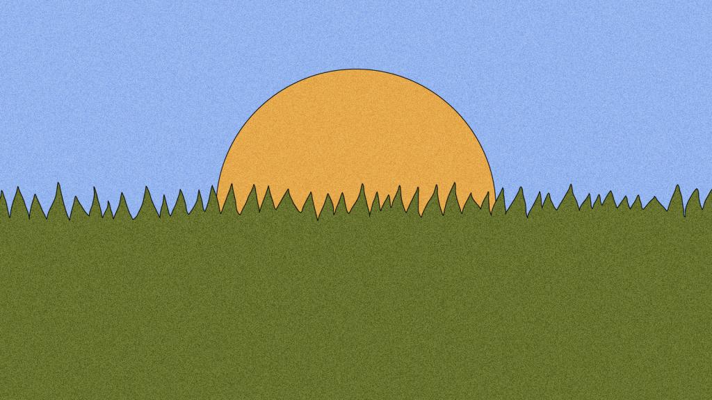 Illustration of a grassy lawn with sun in distance
