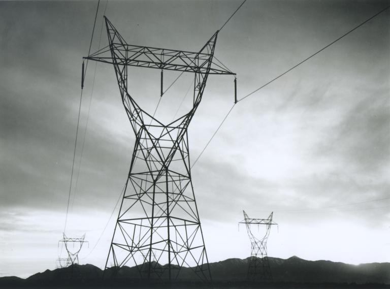 Vintage photo of a transmission line in the Mojave desert from 1941