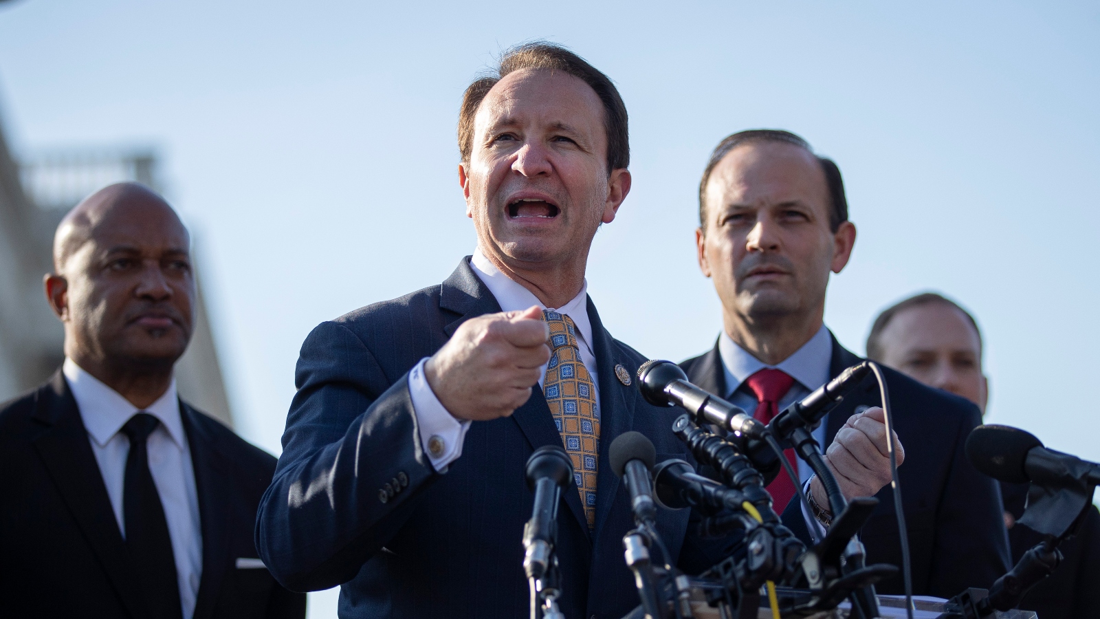 Louisiana Attorney General Jeff Landry and other Republican state attorneys general speak during a press conference to discuss the impeachment trial of President Donald Trump at the U.S. Capitol in January 2020.