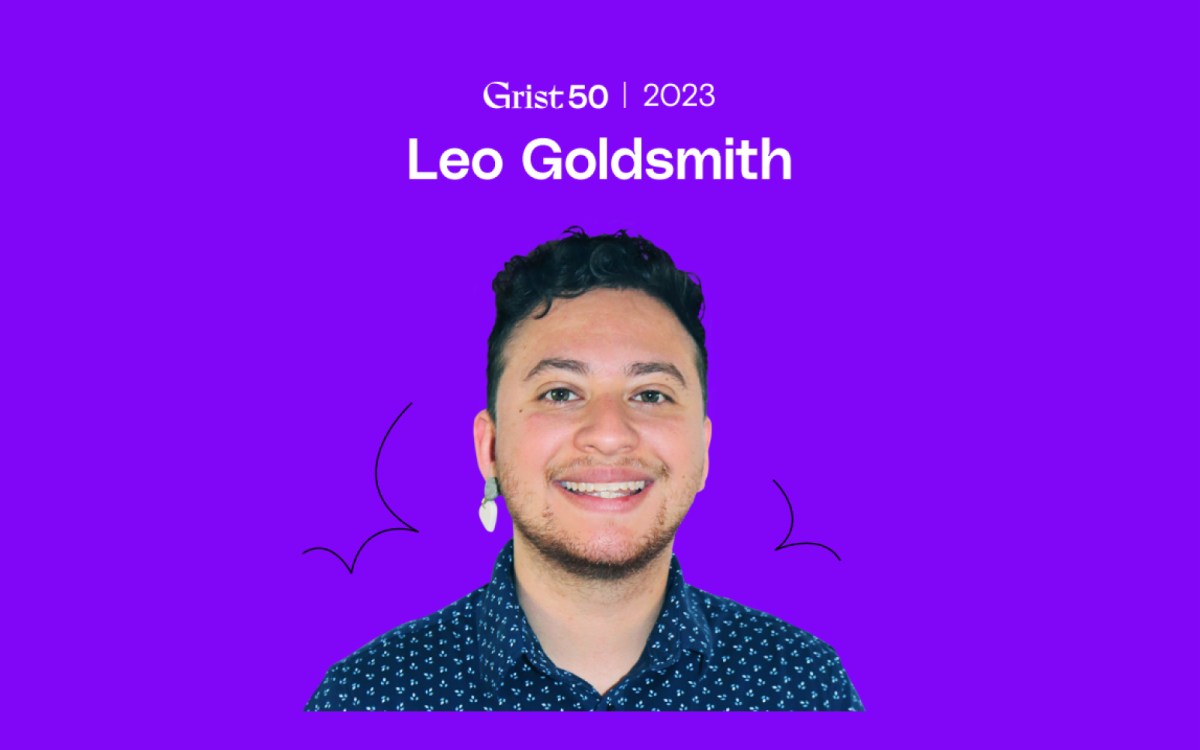 A headshot of Leo Goldsmith, with Grist 50 2023 written above