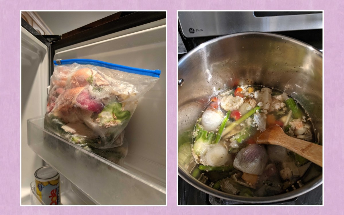 Two an image of a freezer bag filled with vegetable scraps next to an image of the same scraps in a pot of humid water