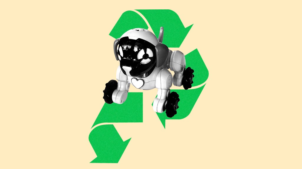 A recycling symbol with one arrow pointing down and a robot toy dog on top of it