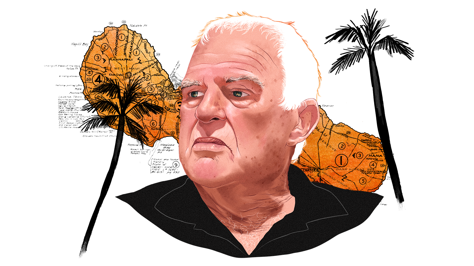 Illustrated portrait of a white man in his 70s (Peter Martin) with an orange map of Maui and black palm trees in the background