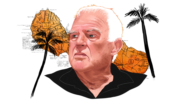 Illustrated portrait of a white man in his 70s (Peter Martin) with an orange map of Maui and black palm trees in the background