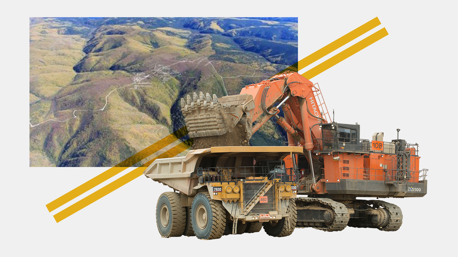 digital collage of aerial photo of landscape and mining machinery with two yellow lines bisecting the two photos