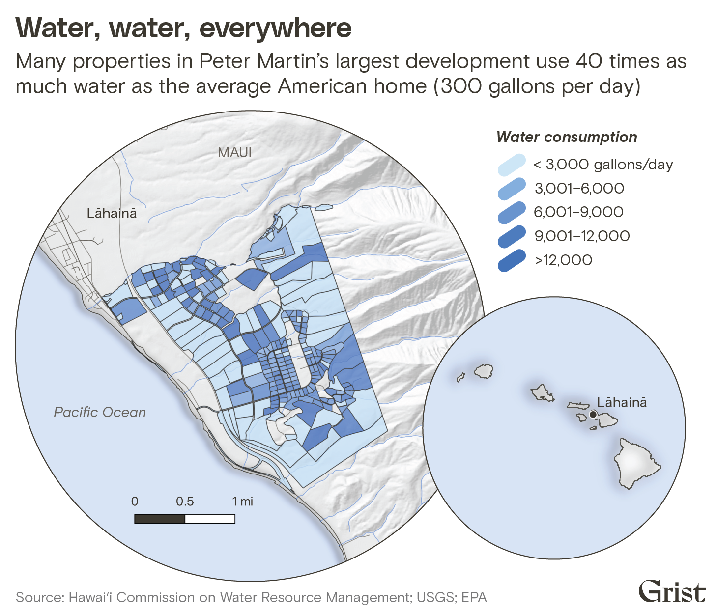 A choropleth map showing Peter Martin's largest development around Lāhainā in Maui. Many properties in the development use 40 times as much water as the average American home (300 gallons per day).