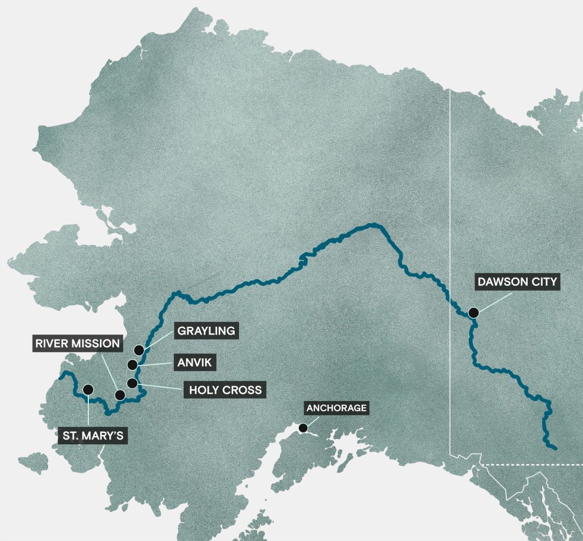 map showing villages along the Yukon River in Alaska and Canada