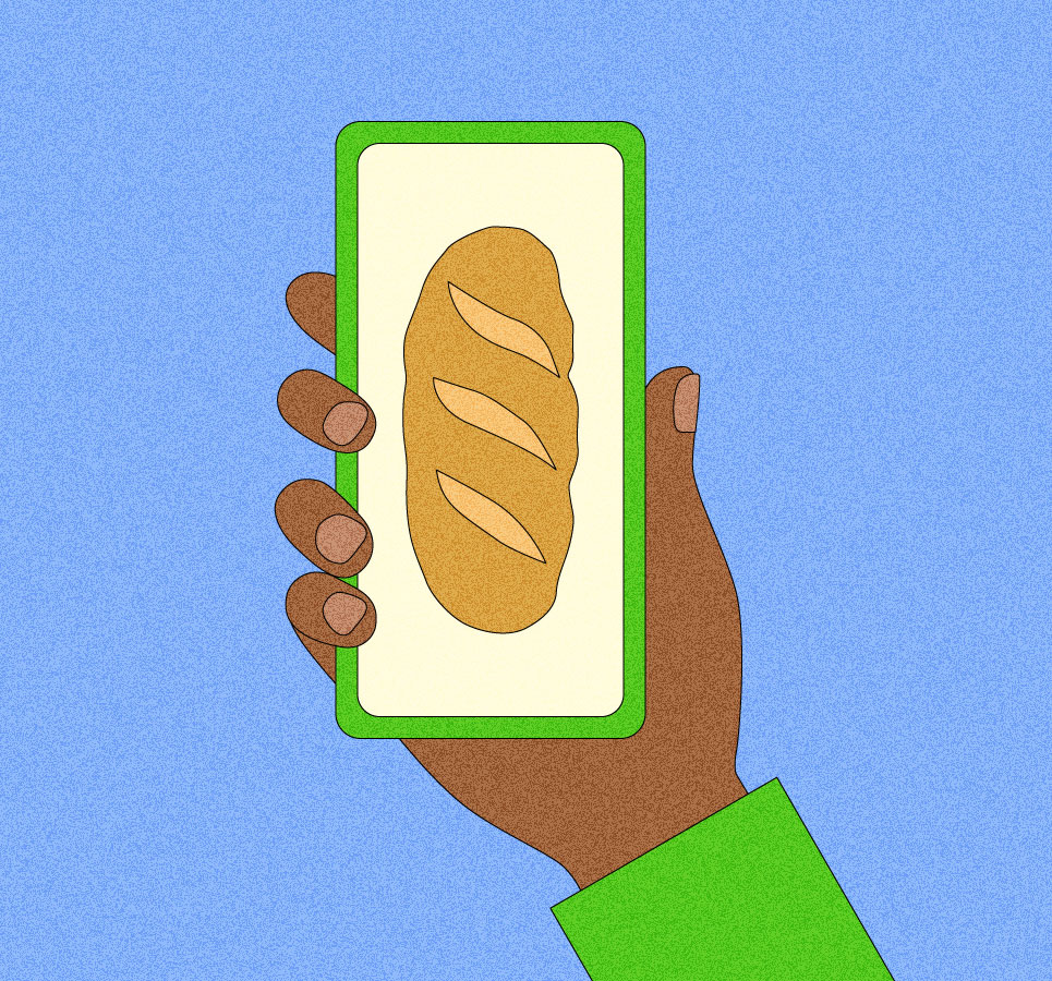 Illustration of hand holding phone with loaf of bread on screen
