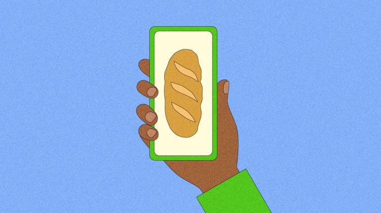 Illustration of hand holding phone with loaf of bread on screen