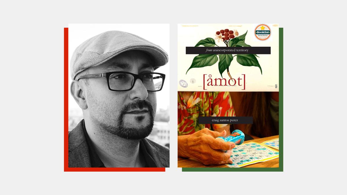 Headshot of Craig Santos Perez beside book cover for "From Unincorporated Territory [åmot]"