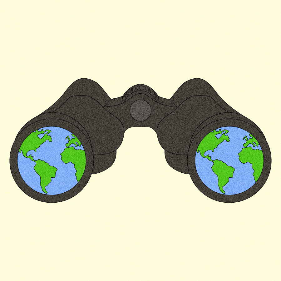 Illustration of binoculars with earth inside lenses