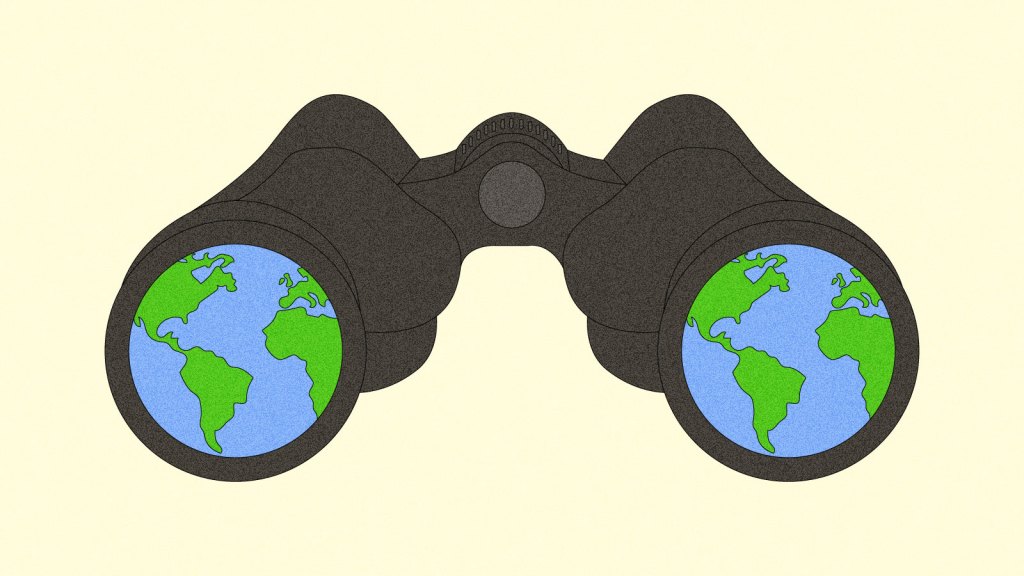 Illustration of binoculars with earth inside lenses