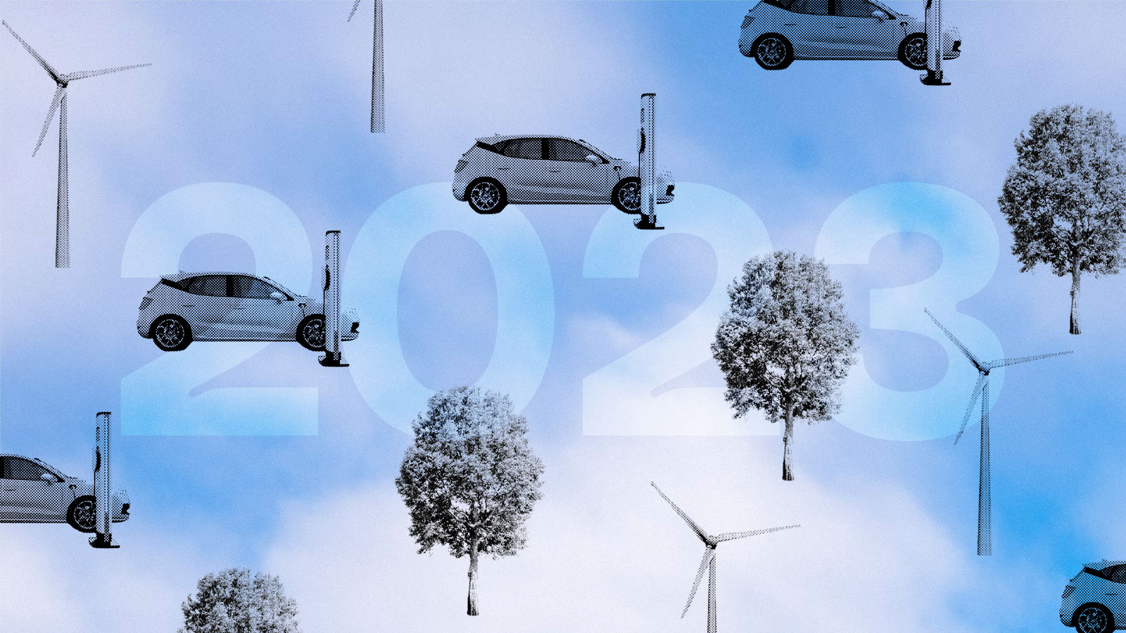 digital collage of halftone wind turbines, electric cars, and trees on a cloudy blue sky background