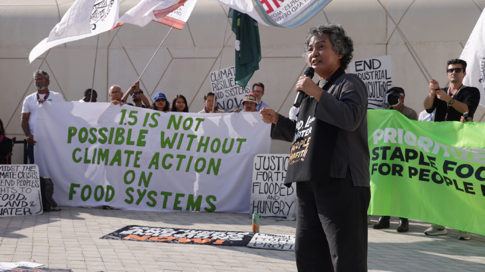 An activist at COP28 calls for climate action on food systems.