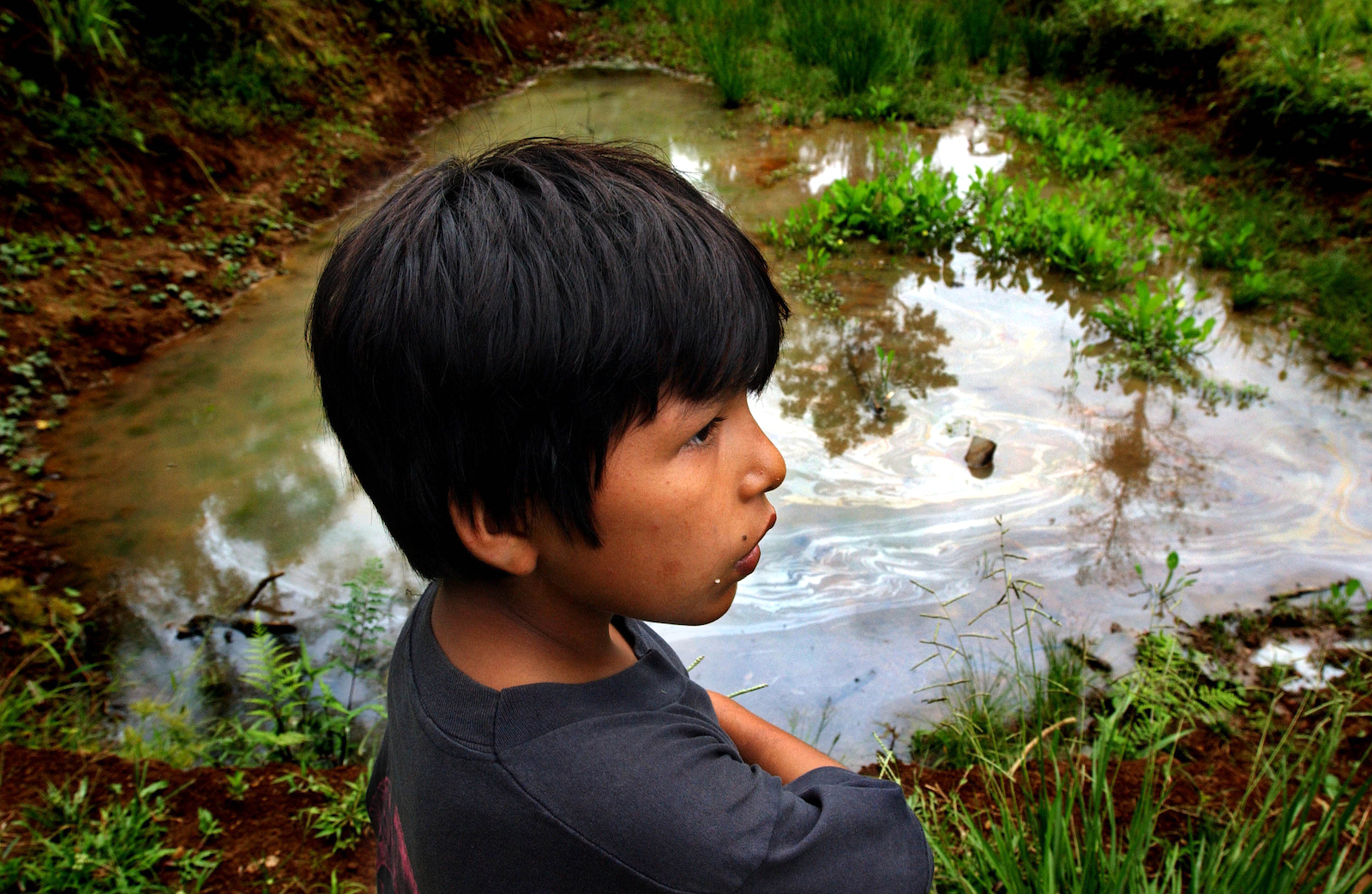 a child looks out over an oil slick pond