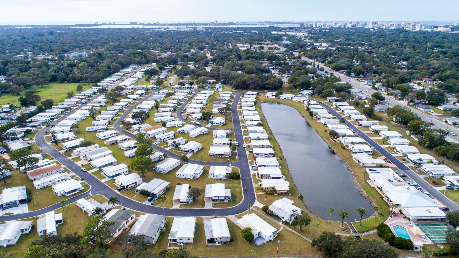 Florida, Sarasota, Saralake Estates Mobile Home Park, aerial overhead view.