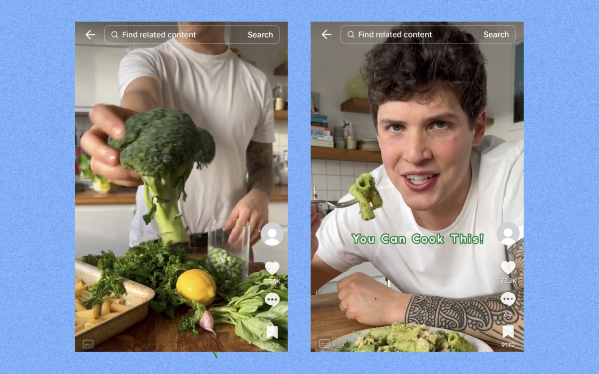Side-by-side images showing a man preparing a pasta recipe with broccoli and other vegetables.