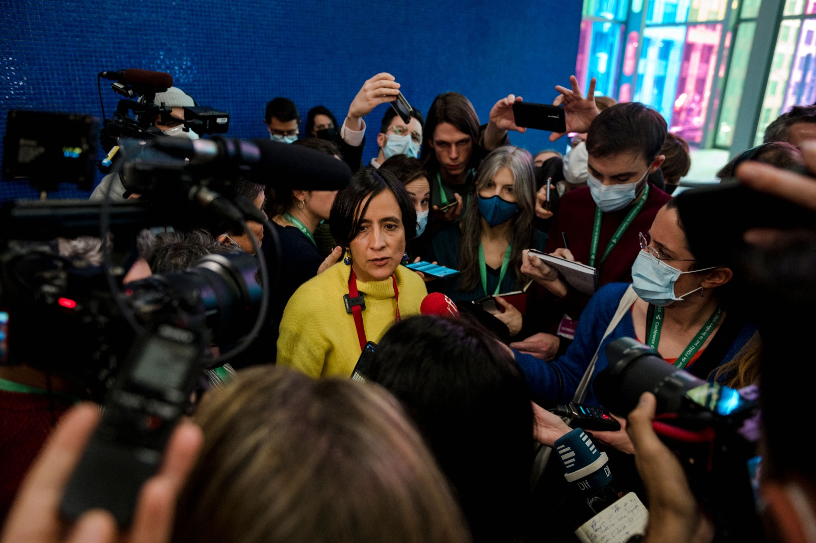 Susana Muhamad, the Colombian environmental minister, speaks to the press. Muhamad praised the final agreement at COP28 in Dubai.